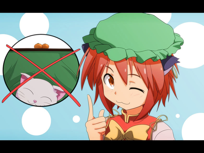 :3 animal_ears bow cat cat_ears cato_(monocatienus) chen commentary earrings food fruit hat jewelry kotatsu letterboxed mandarin_orange one_eye_closed orange_eyes perfect_cherry_blossom pointing pointing_up red_hair short_hair slit_pupils smile solo table touhou