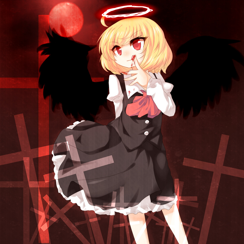 arm_behind_back ascot black_wings blonde_hair blood cross dress ex-rumia finger_licking halo highres kozakura_(dictionary) licking red_eyes rumia short_hair smile solo tongue touhou wings