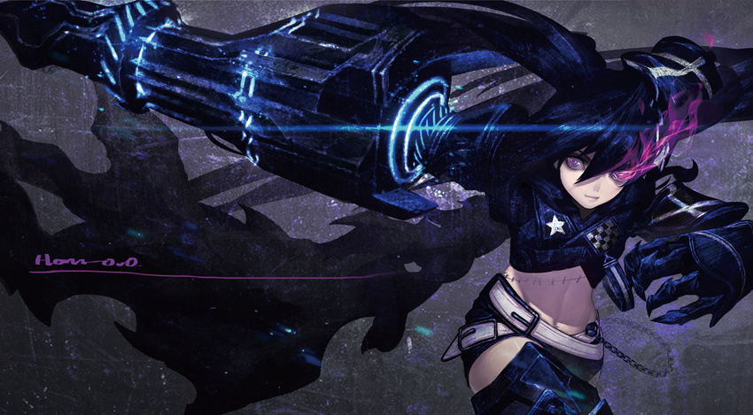 absurdres armor armored_boots belt black_footwear black_hair black_rock_shooter black_rock_shooter_(character) black_shorts boots burning_eye fang han-0v0 highres insane_black_rock_shooter long_hair metal_boots navel purple_eyes scar shorts signature solo thigh_boots thighhighs