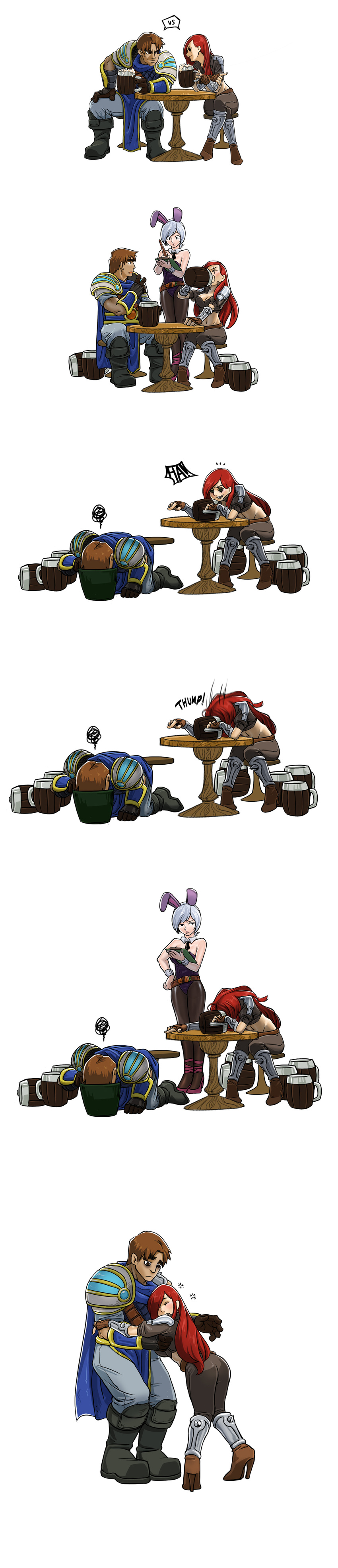 2girls absurdres animal_ears bling_(wnsdud34) blush bucket bunny_ears bunny_girl comic commentary drinking drunk garen_crownguard high_heels highres katarina_du_couteau league_of_legends long_hair long_image multiple_girls riven_(league_of_legends) shoes short_hair simple_background table tall_image white_background wrist_cuffs