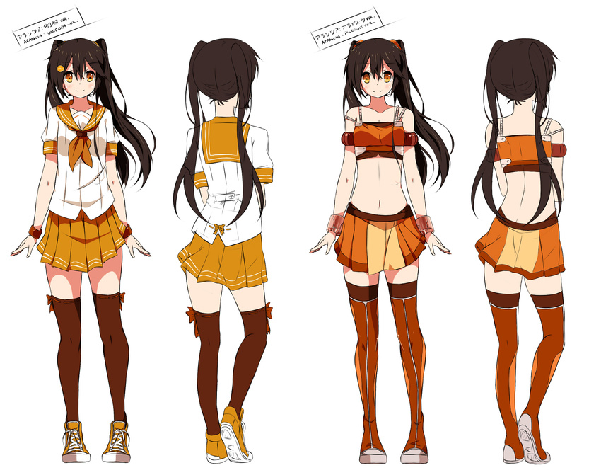 alternate_costume arancia back brown_hair character_sheet hair_ornament highres long_hair looking_at_viewer midriff miniskirt myuto_(advent_retribution) navel orange_eyes orange_skirt original school_uniform serafuku simple_background skirt smile thighhighs twintails white_background zettai_ryouiki