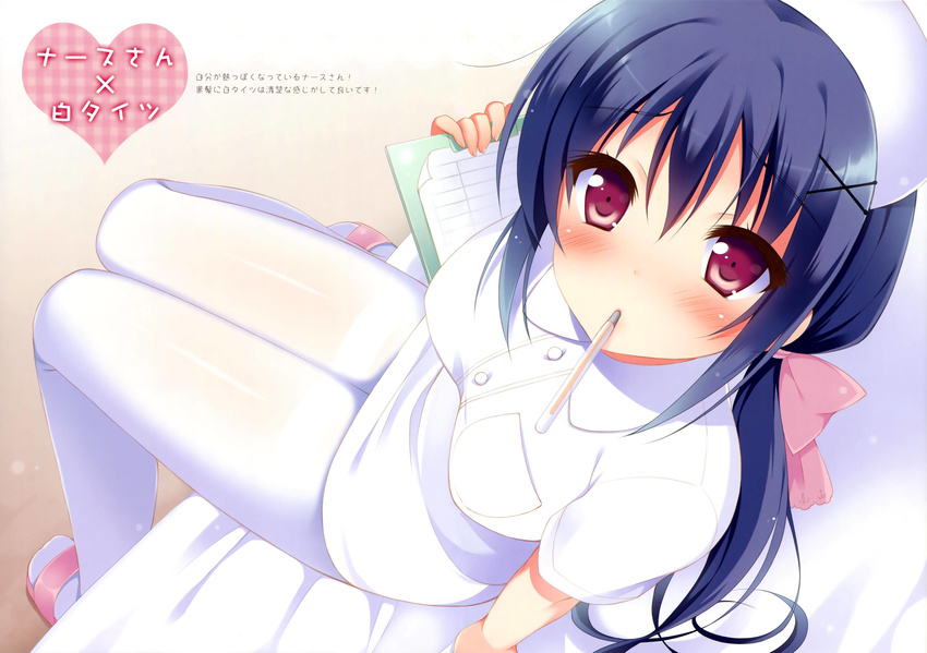 absurdres bed blue_hair blush bow breast_pocket breasts clipboard hair_bow hair_ornament hat heart highres long_hair looking_at_viewer looking_up low_twintails md5_mismatch medium_breasts mouth_hold nurse nurse_cap on_bed original pan_(mimi) pantyhose partially_translated plaid pocket purple_eyes sandals sitting solo thermometer thighband_pantyhose translation_request twintails very_long_hair white_legwear x_hair_ornament