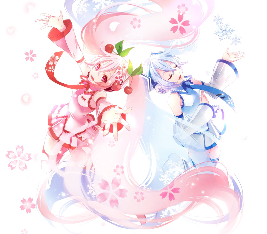 blue_hair boots cherry chiyo_(rotsurechiriha) closed_eyes detached_sleeves food fruit hatsune_miku headset highres long_hair multiple_girls necktie outstretched_arms pink_eyes pink_hair sakura_miku skirt snowflakes thigh_boots thighhighs twintails very_long_hair vocaloid white_background yuki_miku