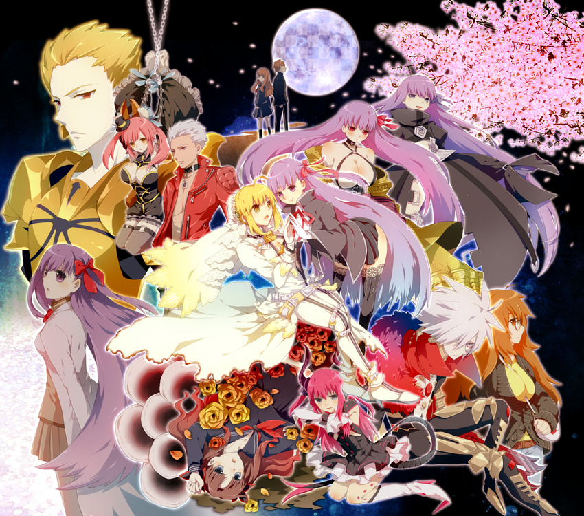 6+girls archer bb_(fate)_(all) bb_(fate/extra_ccc) chain cherry_blossoms elizabeth_bathory_(fate) elizabeth_bathory_(fate)_(all) everyone fate/extra fate/extra_ccc fate_(series) full_moon gilgamesh highres jinako_carigiri karna_(fate) kishinami_hakuno_(female) kishinami_hakuno_(male) long_hair matou_sakura meltlilith moon multiple_boys multiple_girls nero_claudius_(bride)_(fate) nero_claudius_(fate)_(all) passion_lip tamaki_(glass_bottle) tamamo_(fate)_(all) tamamo_no_mae_(fate) toosaka_rin tree very_long_hair