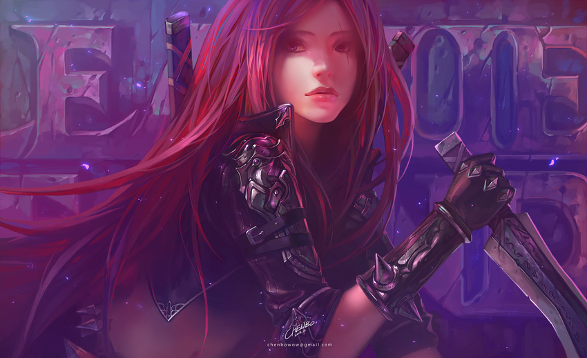 blue_eyes chenbo dagger email_address gloves heterochromia highres katarina_du_couteau league_of_legends lips long_hair midriff navel red_eyes red_hair scar shoulder_pads signature solo vambraces watermark weapon