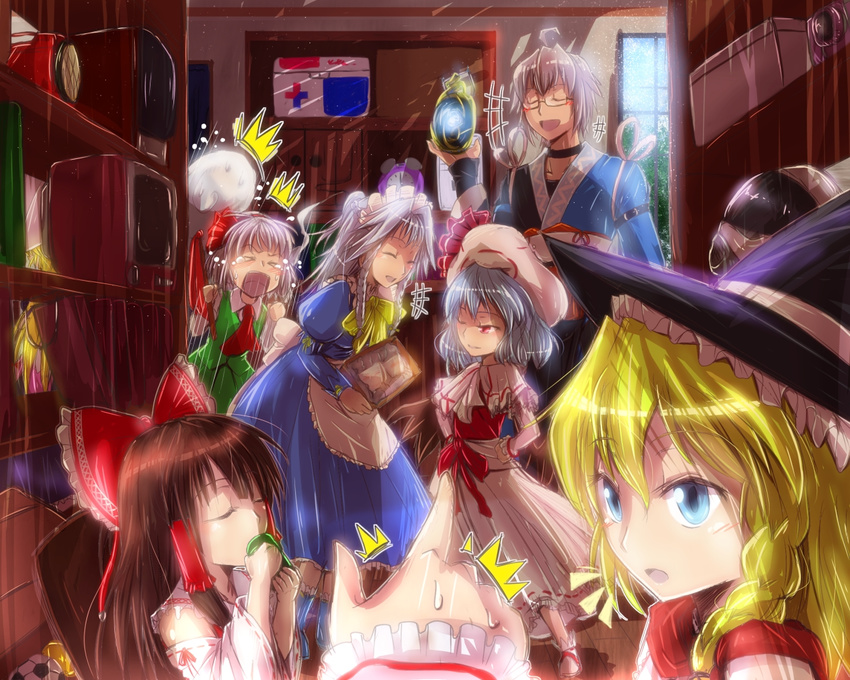 &gt;_&lt; 1boy 6+girls ahoge apron ascot ball blonde_hair blue_eyes blush_stickers bow bracelet braid brown_hair cabinet capelet clock closed_eyes collarbone cross cup curiosities_of_lotus_asia detached_sleeves drinking duster glasses hair_bow hair_ribbon hairband hakurei_reimu hands hat hat_ribbon izayoi_sakuya jewelry kirisame_marisa konpaku_youmu konpaku_youmu_(ghost) long_sleeves maid maid_headdress morichika_rinnosuke multiple_girls one_eye_closed open_mouth pointing puffy_sleeves red_eyes remilia_scarlet ribbon rpg-exen scarf side_braid silver_hair single_braid soccer_ball soul_gem tears television telstar tokiko_(touhou) touhou twin_braids when_you_see_it wide_sleeves window witch_hat yakumo_yukari