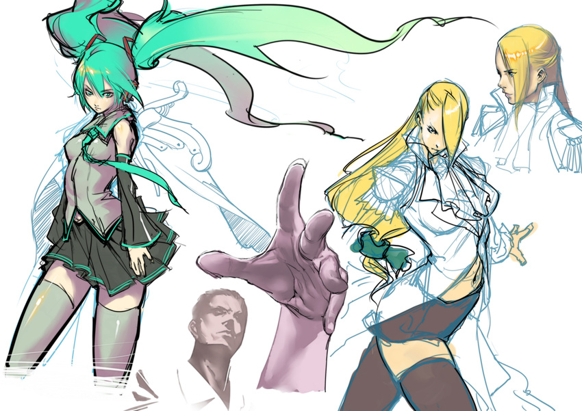 aja_salisbury aqua_eyes aqua_hair bangs blonde_hair detached_sleeves hair_over_one_eye hatsune_miku long_hair multiple_girls necktie sketch thighhighs tomoyuki_kotani twintails very_long_hair vocaloid yatagarasu_(game) zettai_ryouiki