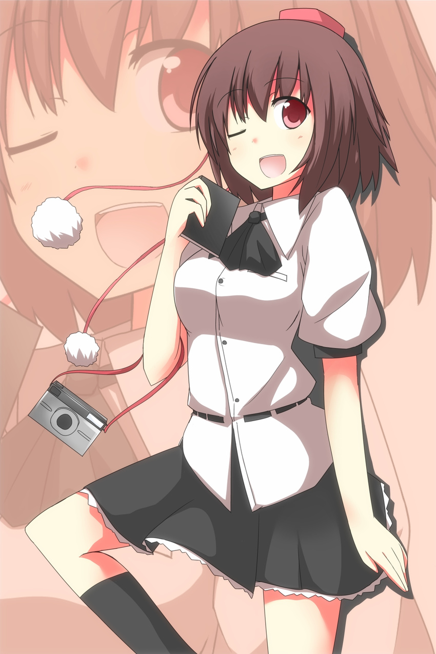 camera hat highres looking_at_viewer mii_(makosuke) notebook one_eye_closed open_mouth red_eyes shameimaru_aya short_hair smile solo thighhighs tokin_hat touhou