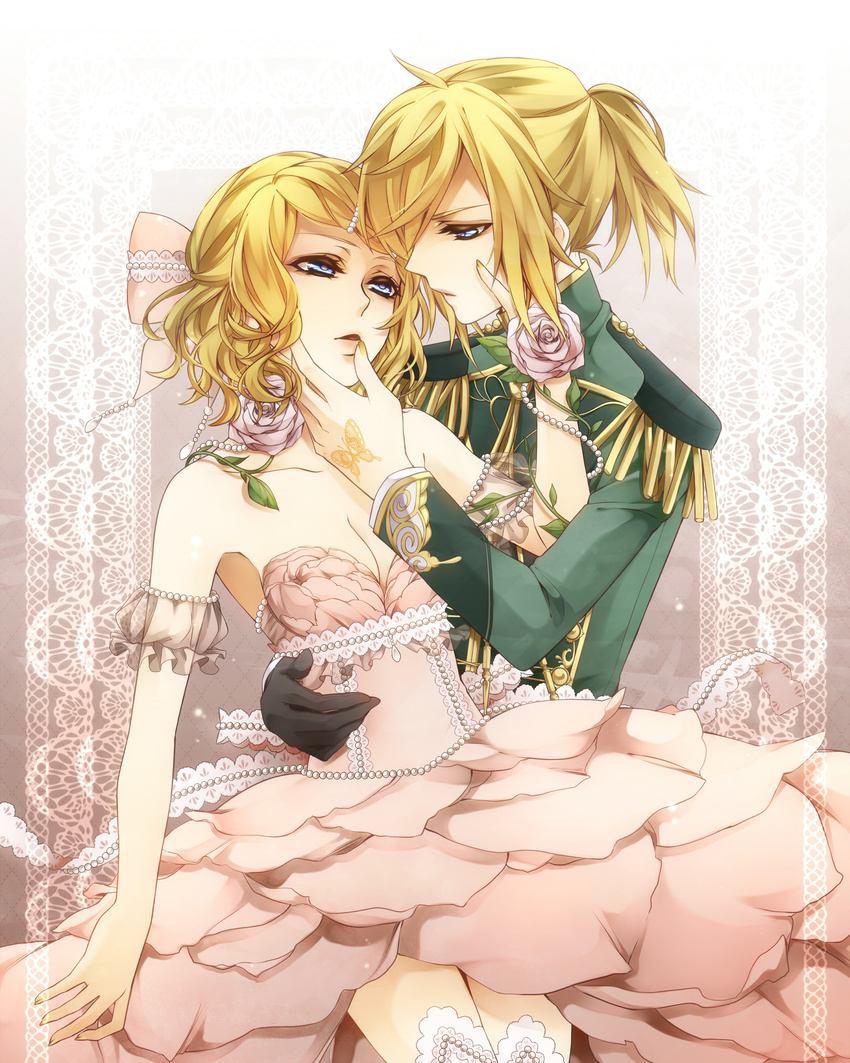 1girl absurdres aqua_eyes bad_id bad_pixiv_id bare_shoulders blonde_hair breasts brother_and_sister cleavage dress eye_contact finger_to_mouth floral_dress gloves hair_ornament hair_ribbon hairclip haitoku_no_hana_(vocaloid) highres hug incest jewelry kagamine_len kagamine_rin looking_at_another medium_breasts military military_uniform nail_polish parted_lips pink_dress ponytail ribbon rico_(fbn3) short_hair siblings skirt thighhighs twincest twins uniform vocaloid white_legwear