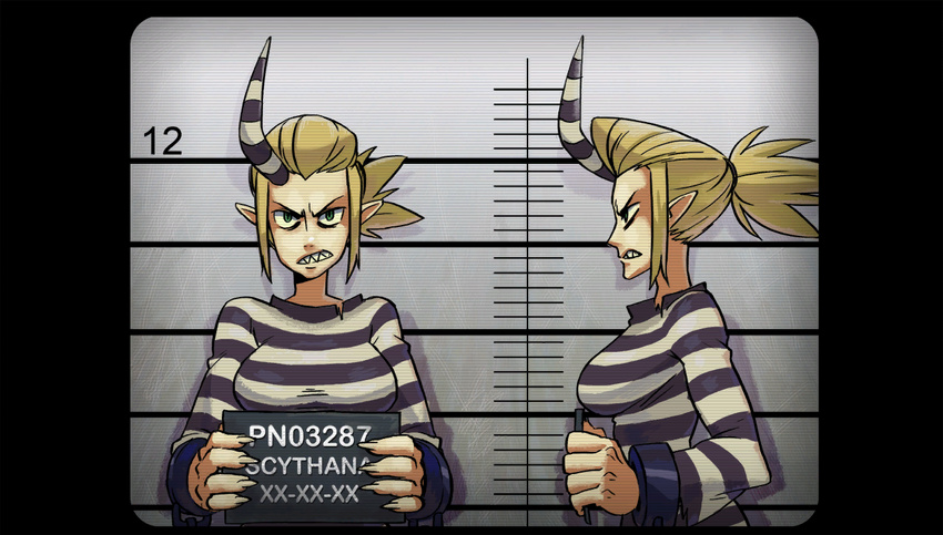 alex_ahad breasts cuffs giantess green_eyes height_chart holding holding_sign horn large_breasts long_hair mugshot ponytail prison_clothes scythana shackles sharp_teeth shirt sign skullgirls solo striped striped_shirt teeth