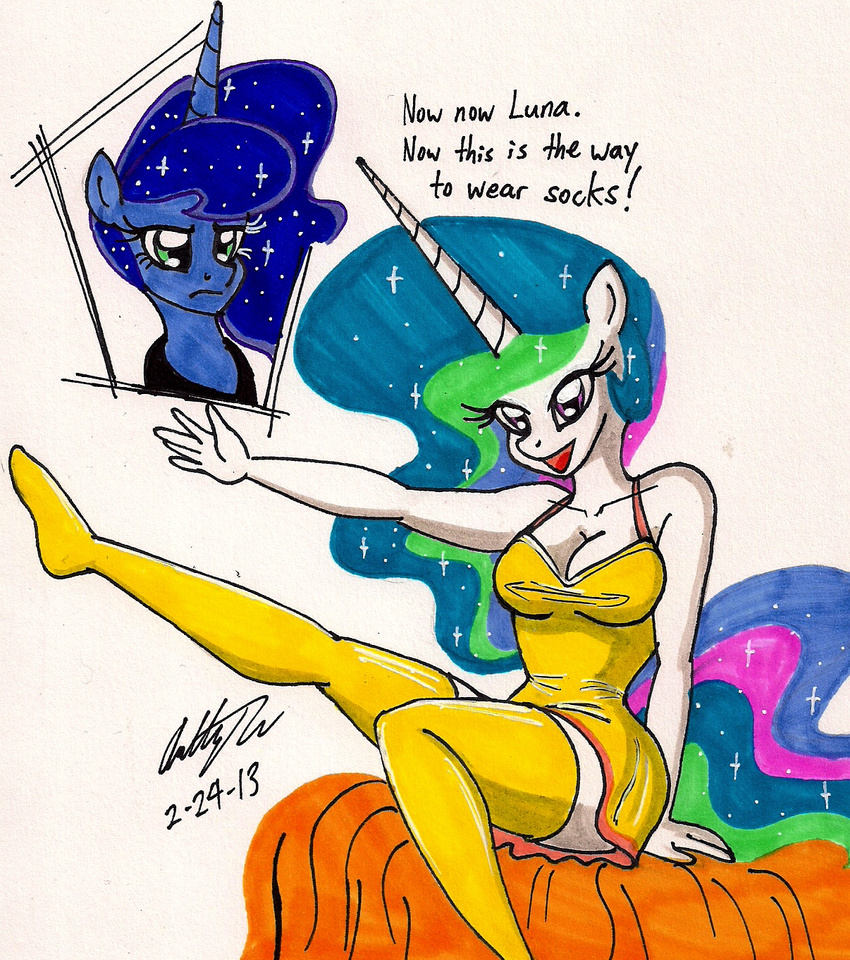 anthro anthrofied bed breasts cleavage clothed clothing english_text equine female friendship_is_magic hi_res horn legwear mammal my_little_pony newyorkx3 night_shirt plain_background princess princess_celestia_(mlp) princess_luna_(mlp) raised_leg royalty signature sitting stockings text unicorn white_background winged_unicorn wings