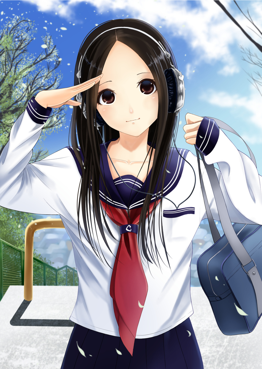 bag black_hair brown_eyes cloud day head_tilt headphones highres kentaurosu long_hair long_sleeves looking_at_viewer original outdoors salute school_bag school_uniform serafuku sky smile solo