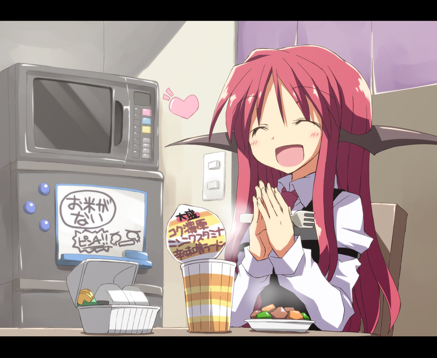 :d ^_^ bat_wings blush chair closed_eyes commentary_request cup_ramen food fork hands_together happy head_wings heart kitchen koakuma letterboxed long_hair message_board microwave necktie noodles onigiri open_mouth own_hands_together ramen red_hair refrigerator satou_kibi sitting smile solo touhou translated wings