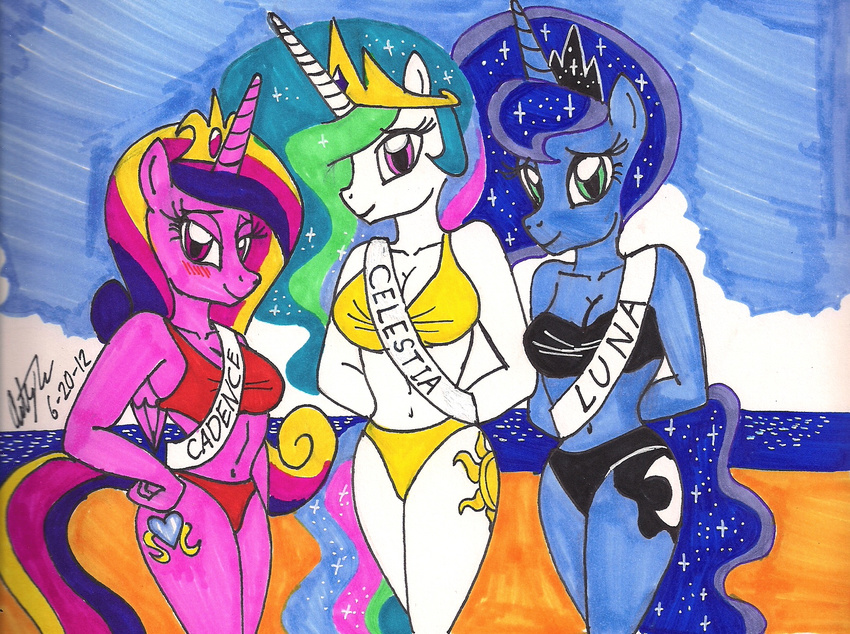 anthro anthrofied beach blush breasts cleavage clothed clothing equine female friendship_is_magic group horn looking_at_viewer mammal my_little_pony newyorkx3 outside princess princess_cadance_(mlp) princess_celestia_(mlp) princess_luna_(mlp) royalty sand seaside signature sky standing swimsuit tiara unicorn winged_unicorn wings