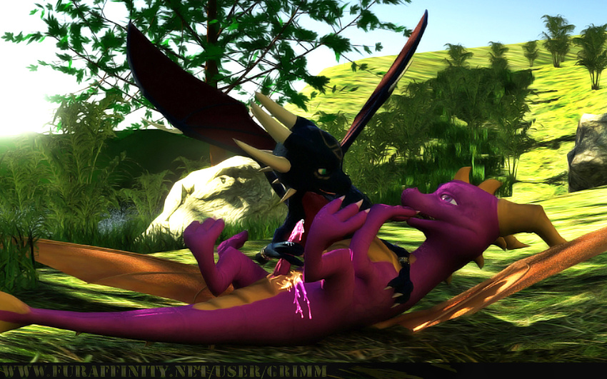 black_dragon claws cum cynder dragon erection eye_contact female feral grass green_eyes grimm handjob horn lying male nature nude on_back outside penis purple_dragon purple_eyes scalie sky slit spikes spyro spyro_the_dragon straight video_games wings