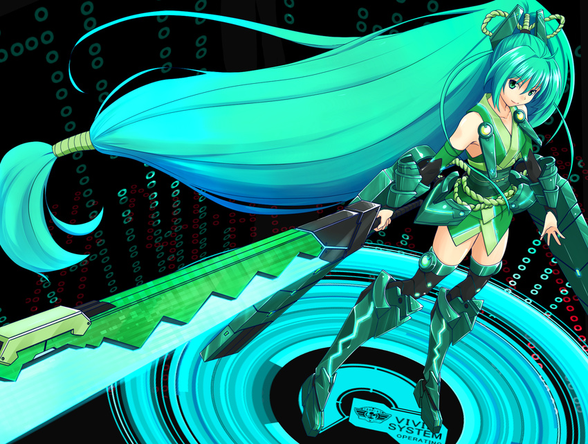 boots green_hair highres solo sword thighhighs tr-6 vividgreen vividred_operation weapon