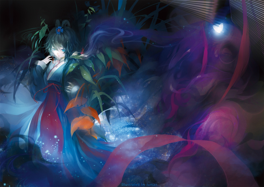 artist_name black_hair blue_eyes chinese_clothes commentary_request dark flower glowing hair_flower hair_ornament hair_rings hanfu highres leaf long_sleeves luman luo_tianyi plant short_hair solo sparkle vocaloid vocanese