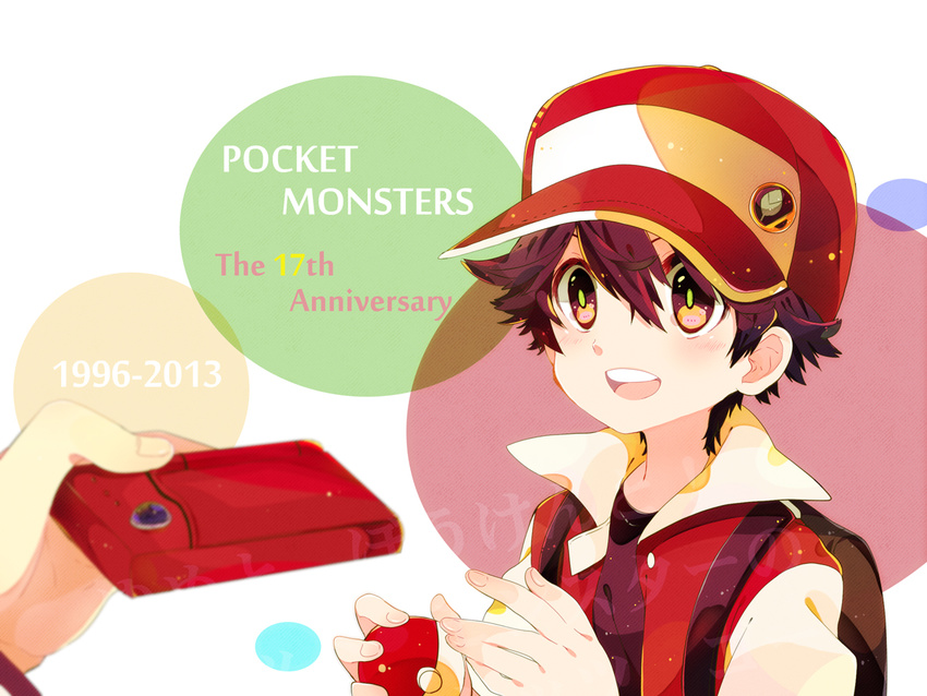 1boy 2013 backpack bad_id bad_pixiv_id bag baseball_cap black_eyes black_hair blush copyright_name english hat holding holding_poke_ball long_sleeves male_focus nicole_(usako) poke_ball poke_ball_(generic) pokedex pokemon pokemon_(game) pokemon_rgby red_(pokemon) smile solo