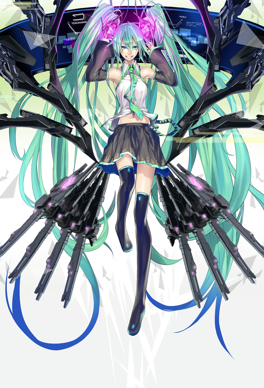 armpits arms_up bad_id bad_pixiv_id boots character_name detached_sleeves green_hair grin hatsune_miku highres hullabaloo long_hair navel necktie skirt smile solo thigh_boots thighhighs twintails very_long_hair vocaloid