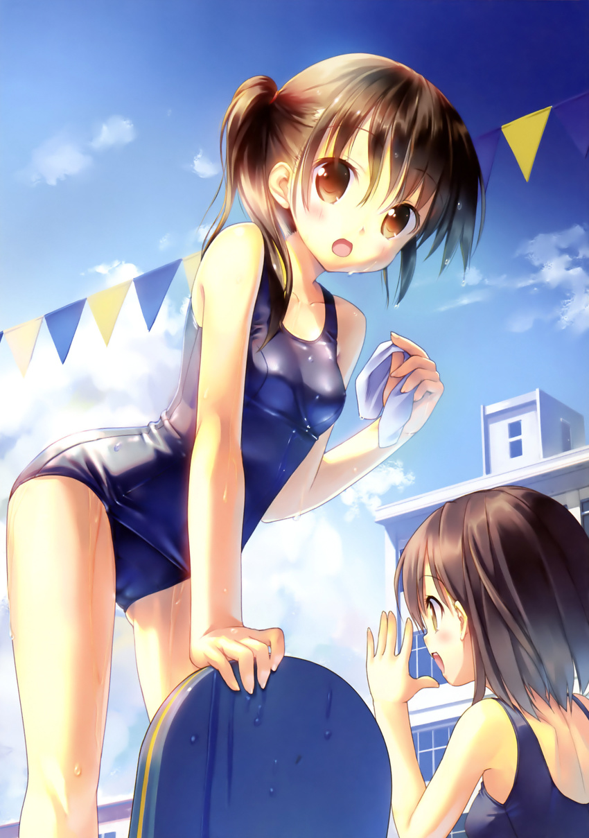 absurdres arched_back arm_support bare_shoulders blue_sky brown_eyes brown_hair cameltoe day dengeki_moeou highres holding kickboard looking_at_viewer multiple_girls old_school_swimsuit one-piece_swimsuit open_mouth original scan school_swimsuit shiny shiny_clothes side_ponytail sky string_of_flags swim_cap swimsuit takoyaki_(roast) water wet wet_hair
