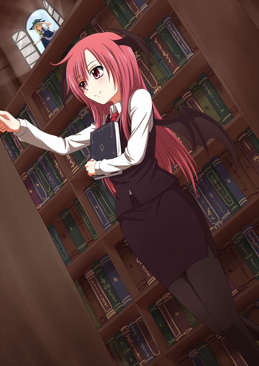 apron black_legwear blush book daba highres kirisame_marisa koakuma library multiple_girls necktie pantyhose red_hair skirt smile touhou vest voile