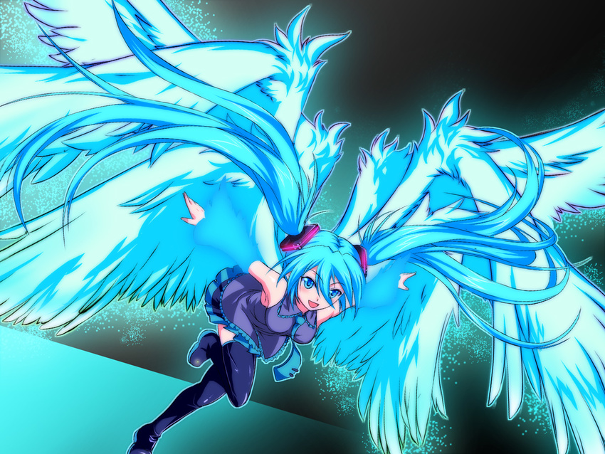 bad_id bad_pixiv_id blue_eyes blue_hair boots detached_sleeves floating_hair hatsune_miku kurokemono large_wings long_hair necktie open_mouth outstretched_arms skirt solo spread_arms thigh_boots thighhighs twintails very_long_hair vocaloid wings
