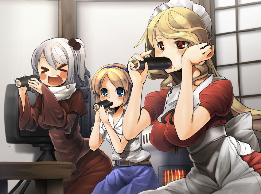 &gt;_&lt; alice_margatroid alice_margatroid_(pc-98) blonde_hair blue_eyes blush blush_stickers breasts closed_eyes ehoumaki food hair_bobbles hair_ornament hairband highres large_breasts long_hair maid_headdress makizushi medium_breasts multiple_girls open_mouth psan red_eyes sexually_suggestive shinki short_hair silver_hair sushi touhou touhou_(pc-98) yumeko