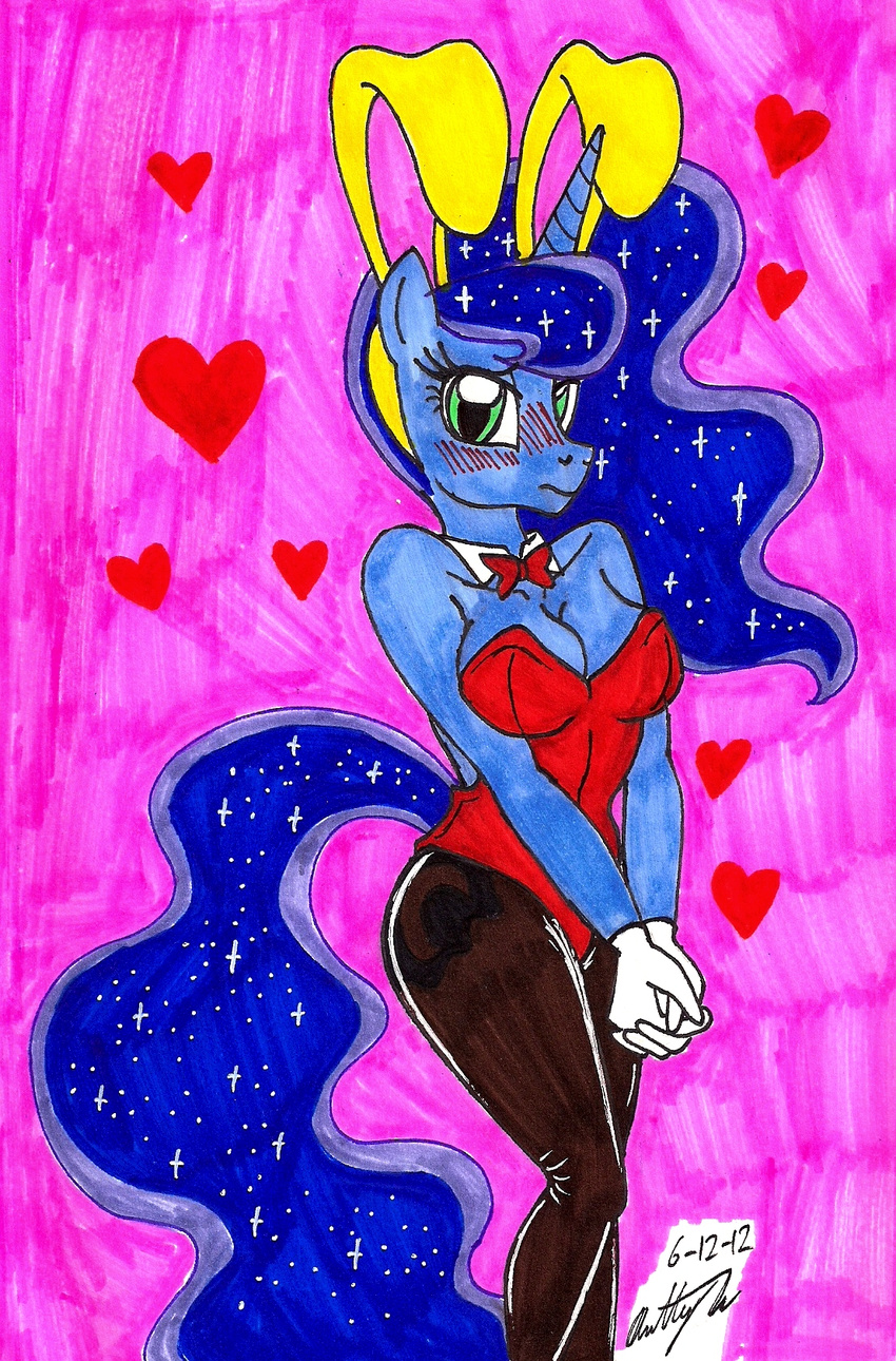 abstract_background anthro anthrofied blush bow_tie breasts bunnysuit cleavage clothed clothing equine female friendship_is_magic gloves green_eyes horn looking_at_viewer mammal my_little_pony newyorkx3 princess_luna_(mlp) solo standing winged_unicorn wings