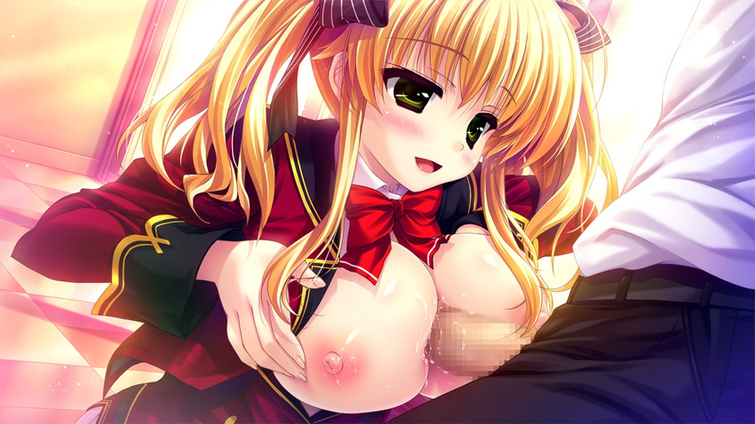 1_girl 1girl blonde_hair blush bow bowtie breasts censored cleavage clothed_sex nipples open_mouth paizuri sex