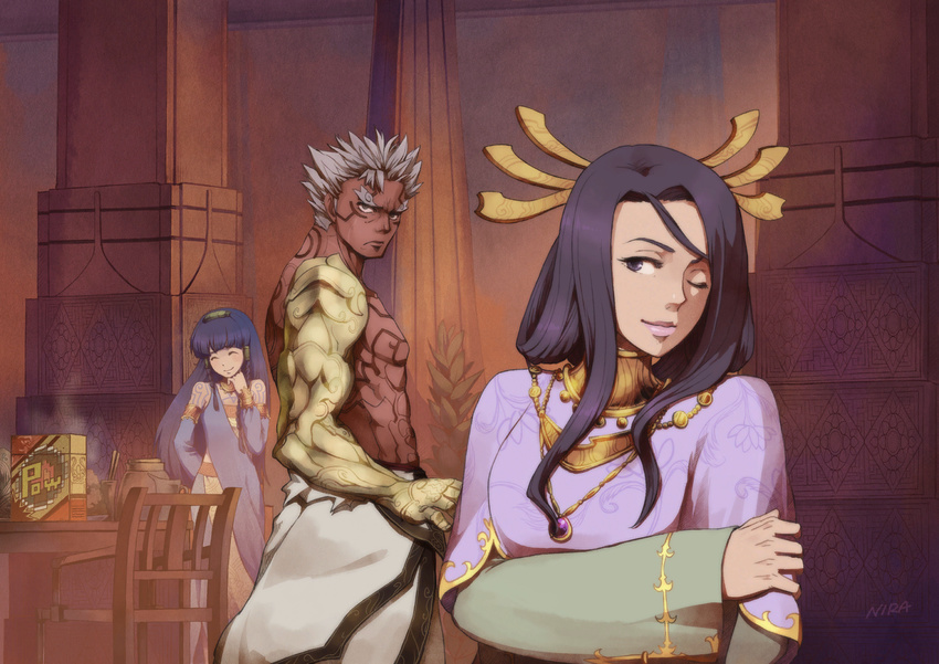 asura's_wrath asura's_wrath asura_(asura's_wrath) asura_(asura's_wrath) capcom durga_(asura's_wrath) durga_(asura's_wrath) family father_and_daughter happy mithra_(asura's_wrath) mithra_(asura's_wrath) mother_and_daughter multiple_girls official_art red_skin white_hair