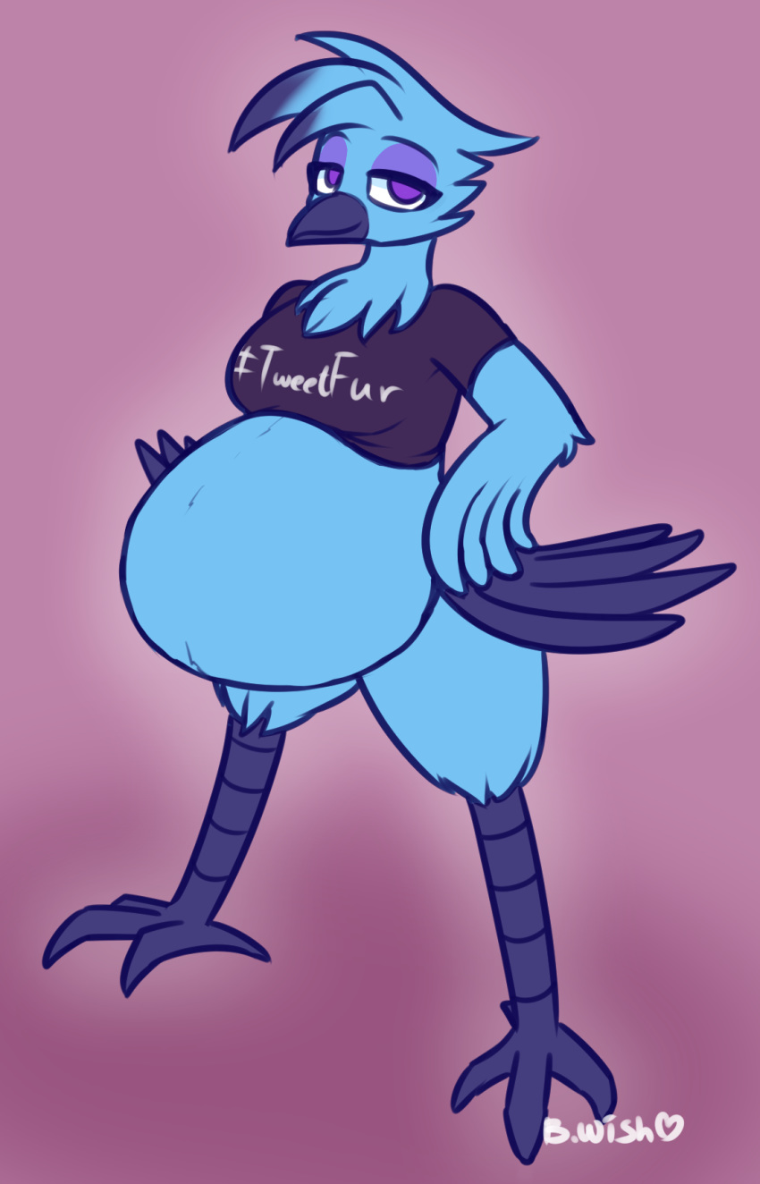 2019 anisodactyl anthro askbumpywish avian beak belly big_belly bird blue_feathers bottomless breasts clothed clothing crop_top feathers female hand_on_hip pregnant shirt simple_background smile solo tweetfur twitter