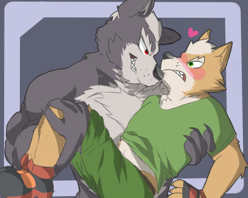 &lt;3 anthro blush bridal_carry canine carrying clothed clothing duo fox fox_mccloud fully_clothed inu.oni male male/male mammal muscular muscular_male nintendo nude star_fox video_games wolf wolf_o'donnell