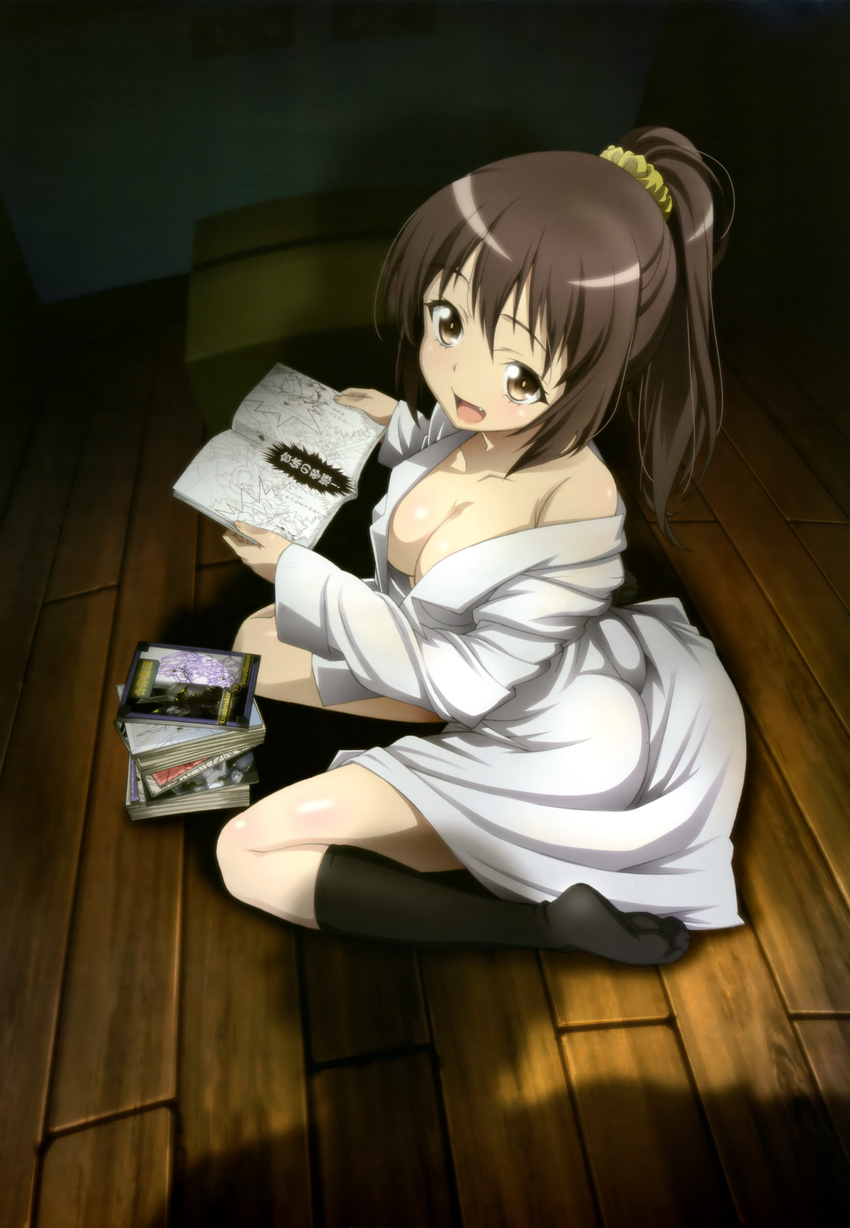 :d absurdres boku_wa_tomodachi_ga_sukunai breasts brown_eyes brown_hair cleavage clothes_removed dark_room fang highres labcoat medium_breasts naked_labcoat no_bra nyantype off_shoulder official_art open_mouth ponytail scan scrunchie shadow shiguma_rika sitting smile socks solo umetsu_yukinori wariza