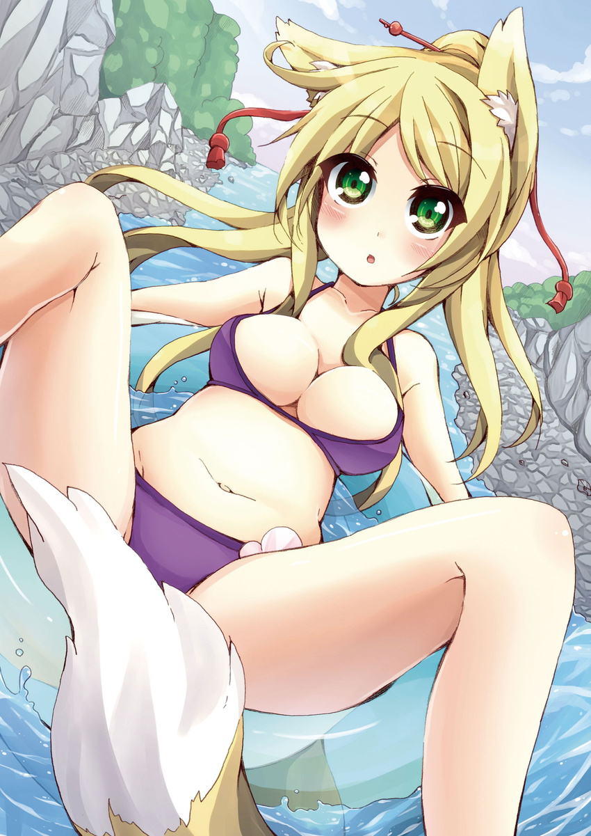 animal_ears bad_id bad_pixiv_id bikini blonde_hair blush breasts cleavage collarbone dog_days fox_ears fox_tail green_eyes hair_ornament hair_stick highres innertube medium_breasts midriff navel open_mouth oruto_(ort+) partially_submerged river solo spread_legs swimsuit tail water yukikaze_panettone