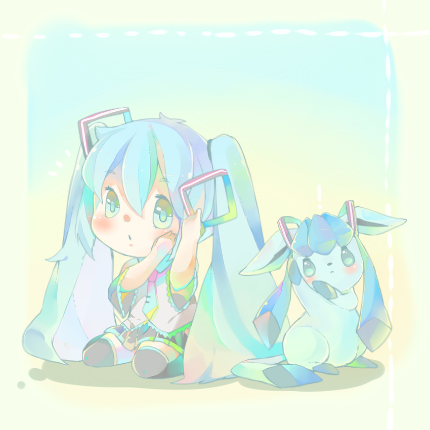 adjusting_hair blue_eyes blue_hair cosplay crossover gen_4_pokemon glaceon hairdressing hatsune_miku hatsune_miku_(cosplay) highres long_hair matching_outfit nou pokemon pokemon_(creature) sitting twintails very_long_hair vocaloid wariza
