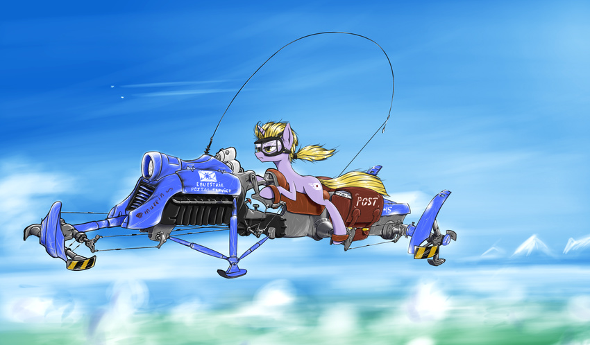 blonde_hair cutie_mark dinky_hooves_(mlp) english_text equine eyewear female feral friendship_is_magic goggles gray_body grey_body hair hi_res horn horse hoverbike madhotaru mammal mane my_little_pony pony ponytail simple_background sky sky_background solo text unicorn