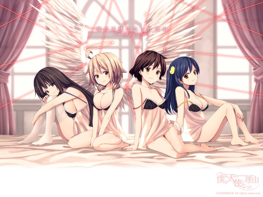 ahoge aine_(boku_ga_tenshi_ni_natta_wake) angel angel_wings barefoot between_legs black_hair blonde_hair boku_ga_tenshi_ni_natta_wake bottomless breasts brown_eyes camisole cleavage copyright_name curtains english fujimaru_(bluebrand) hair_ornament halo hand_between_legs hand_on_hip hisaka_yuri large_breasts leg_hug light_smile long_hair low_twintails medium_breasts multiple_girls nakizaki_naruko no_shoes official_art see-through_silhouette short_hair sideboob sitting small_breasts strap_slip thighhighs twintails two_side_up underwear underwear_only wakamatsu_minamo wallpaper window wings yokozuwari