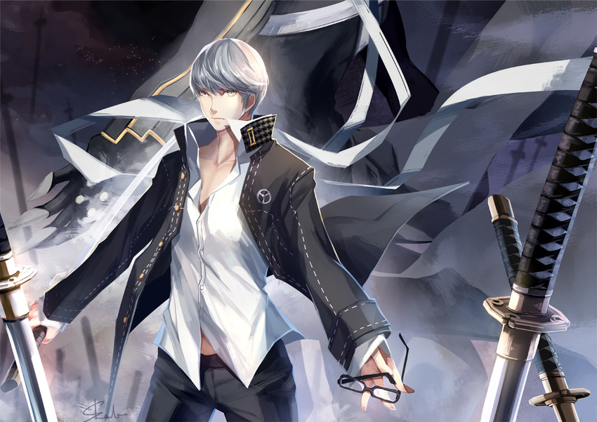 field_of_blades glasses grey_eyes holding holding_eyewear izanagi katana looking_at_viewer male_focus multiple_boys narukami_yuu persona persona_4 planted_sword planted_weapon reverse_grip school_uniform silver_hair skade sky star_(sky) starry_sky sword weapon