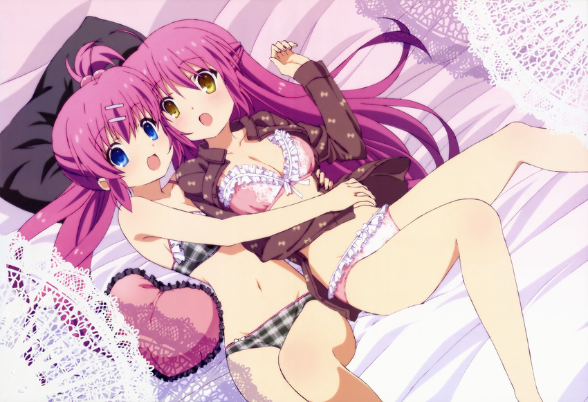 :d :o absurdres ahoge blush bra breasts cleavage curtains dutch_angle frilled_bra frilled_panties frills futaki_kanata hair_bobbles hair_ornament hairclip half_updo heart heart_pillow highres hug lingerie little_busters! looking_at_viewer lying medium_breasts multiple_girls no_pants nyantype official_art open_clothes open_mouth open_shirt pajamas panties pillow pink_bra pink_panties plaid plaid_bra plaid_panties saigusa_haruka scan shirt siblings smile twins underwear underwear_only undressing yoshida_yuuko