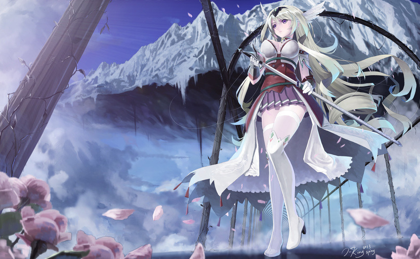 blue_eyes boots commentary flower green_hair hair_ornament highres long_hair mountain okingjo original petals purple_eyes skirt solo standing sword thigh_boots thighhighs weapon