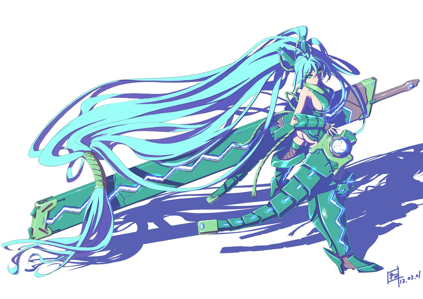 aqua_hair armor bare_shoulders dated gauntlets greaves green_eyes headgear highres huge_weapon long_hair low-tied_long_hair nenchi shadow solo sword very_long_hair vividgreen vividred_operation weapon