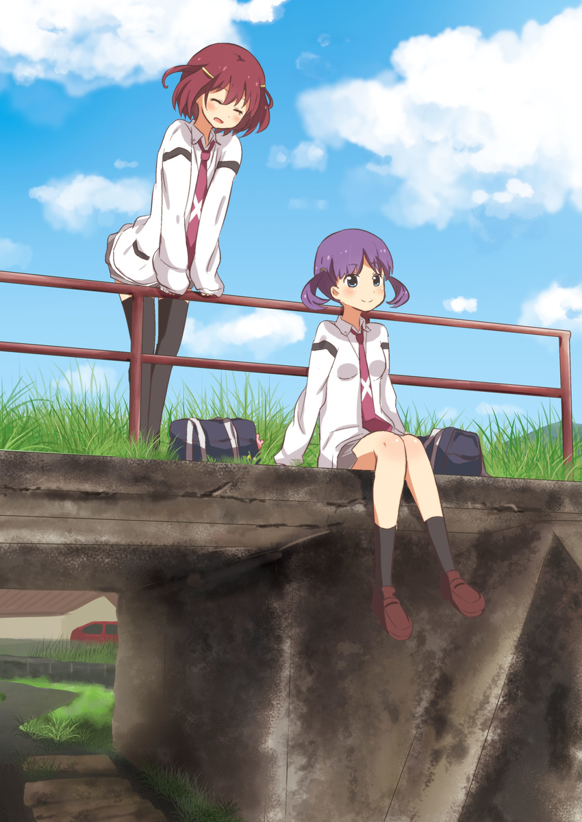 absurdres bag cloud day grass hanada_kirame highres multiple_girls necktie railing sakasana_(kaisen_teikoku) saki saki_achiga-hen sitting smile thighhighs tsuruta_himeko twintails