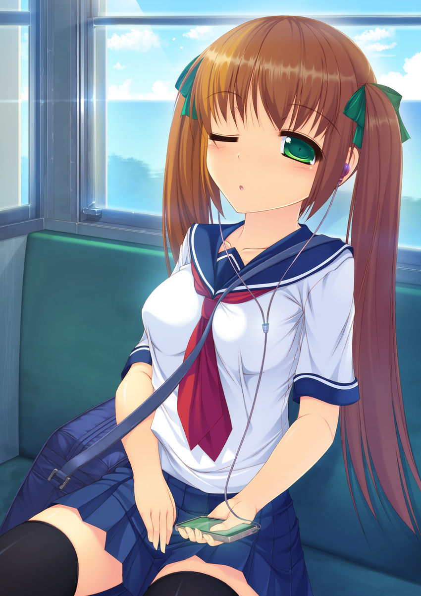 ;o bag black_legwear blue_sailor_collar blush brown_hair cable digital_media_player earphones glass green_eyes highres kageira looking_at_viewer neckerchief necktie one_eye_closed original parted_lips red_neckwear sailor_collar school_uniform serafuku short_sleeves sitting skirt solo thighhighs train_interior twintails window zettai_ryouiki