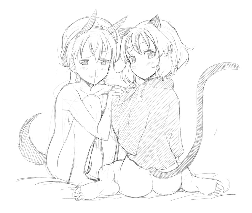 aki_no_sora akino_sora animal_ears ass barefoot blood bottomless cat_ears cat_tail eila_ilmatar_juutilainen feet looking_back monochrome nose_bleed nosebleed sanya_v_litvyak sitting strike_witches tail