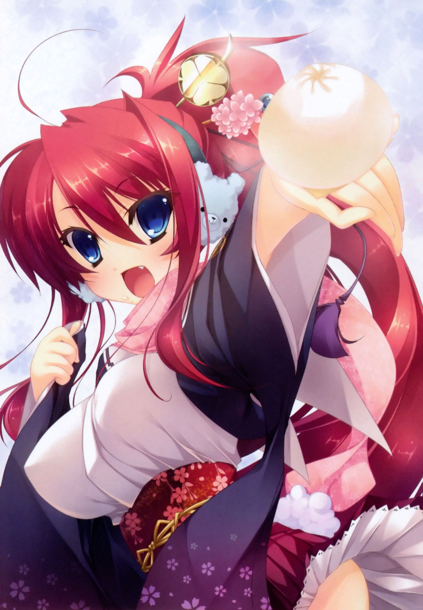 :d absurdres ahoge appare!_tenka_gomen baozi blue_eyes bouncing_breasts breasts fang food giving highres japanese_clothes katagiri_hinata kimono large_breasts long_hair looking_at_viewer open_mouth pleated_skirt ponytail red_hair sash scan skirt smile tokugawa_yoshine underbust upper_body