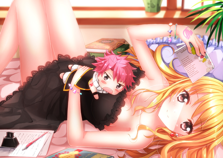bad_id bad_pixiv_id black_eyes blonde_hair blush_stickers book bracelet breasts brown_eyes character_doll cleavage dress earrings fairy_tail fang jewelry long_hair long_legs looking_at_viewer lucy_heartfilia lying medium_breasts natsu_dragneel on_back on_bed pink_hair scarf smile swordsouls tattoo