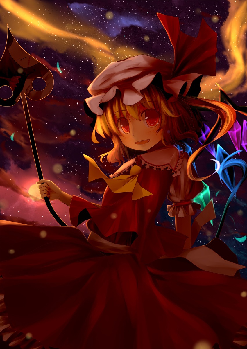 absurdres ascot blonde_hair bunchou_(bunchou3103) different_reflection flandre_scarlet hat hat_ribbon highres laevatein open_mouth red_eyes reflection ribbon short_hair side_ponytail skirt skirt_set smile solo tears touhou wings