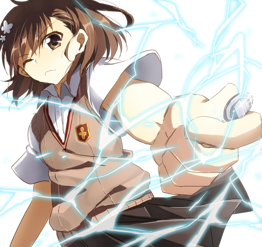 amamiya_hisui bad_id bad_pixiv_id biribiri brown_eyes brown_hair coin electricity misaka_mikoto one_eye_closed school_uniform short_hair sweater_vest to_aru_kagaku_no_railgun to_aru_majutsu_no_index