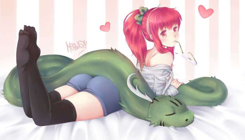 dragon glasses meawsy red_eyes red_hair thighhighs