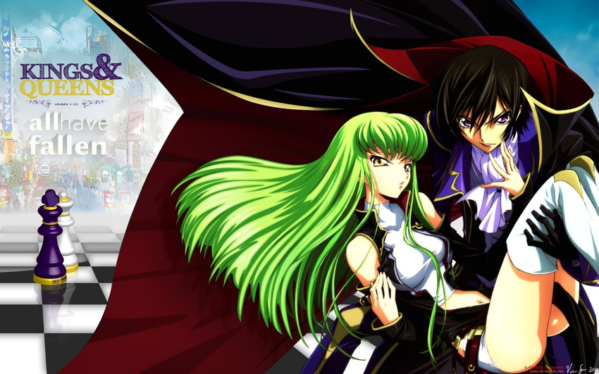 1boy 1girl board_game brown_hair c.c. carrying checkered chess cloak code_geass detached_sleeves gloves green_hair legwear lelouch_lamperouge long_hair open_clothes parted_lips princess_carry purple_eyes short_hair wallpaper white_legwear yellow_eyes